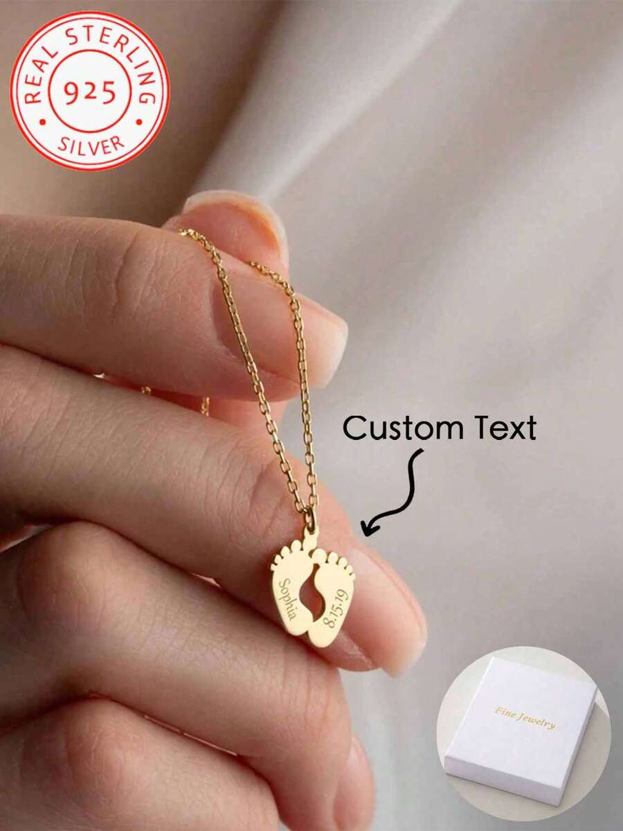 A 925 Silver Warm And Lovely, Uniquely Designed Custom Necklace With Footprint Pendant Can Be Engraved With English Names And Birthdays Of Family Members. It Is A Well-Made Jewellery Accessory Gift For Mothers, Family, Friends And Loved Ones On Thanksgiving, Christmas And Birthday Anniversaries - Multicolor - View 1