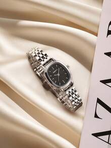 1 buc. Ceas de damă cu cuarț, cadran argintiu cu dungi, curea din oțel solid, potrivit pentru purtare zilnică - Negru - Vizualizare 2