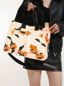 百搭竖条纹流浪汉单肩包，女士钱包和手提包，大容量多口袋帆布单肩通勤包，手提包，轻便休闲托特包，斜挎包，学生学校笔记本电脑包，简约运动背包，多隔层和多口袋，万圣节包，非常适合万圣节派对，搭配万圣节服装，送给女性的最佳万圣节礼物 - 彩色 - 查看 2