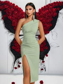 Elisanya 1件女款純色百褶單肩前開衩舞會長裙，優雅雞尾酒會半正式禮服，舞會婚禮賓客禮服，畢業禮服 - 綠色 - 查看 5