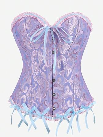 Corset Overbust Bustier, Classic Corset Shapewear, Strapless Sweet Fitted Boned Bodysuit, Ruffle Trim Waist Cincher, Backless Tummy Control Top, Suitable For Masquerade, Halloween