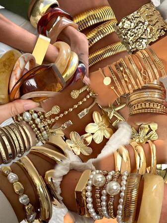 21/16/10/5pcs Fashion Elegant Vintage Design Colorful Resin Flower, Pearl, Rhinestone, Geometric, Pleated, Knotted, Glossy, Chunky Bracelet Set, Suitable For Holiday, Party, Gift, Daily Wear (Random Delivery)