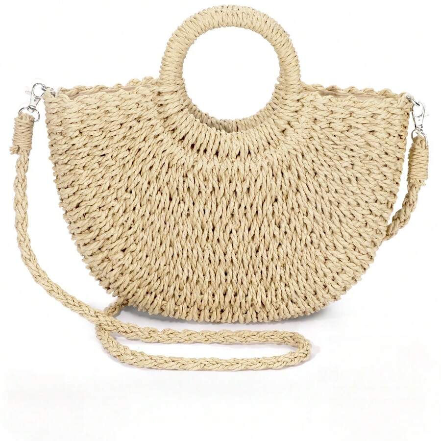 Handmade Straw Woven Handbag, Woven Mesh Beach Bag, Shoulder Bag, Foldable Large Capacity Bag, Suitable For Beach, Camping, Commuting, Travel And Vacation, Full Of Fashion Sense. - A款中號/米白 - 查看 1