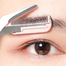 Stainless Steel Built-In Comb Eyebrow Scissors - Precision Beauty Tool With Pink Handle, Left And Right Hand Design, Professional And Home Beauty, Durable Metal Structure, Eyebrow Trimmer