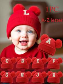 1顶新生儿婴儿26字母针织帽，弹性材质，适合秋冬季节，女婴配饰，儿童针织帽 - 紅色 - 查看 1