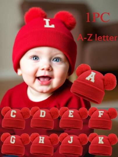 1顶新生儿婴儿26字母针织帽，弹性材质，适合秋冬季节，女婴配饰，儿童针织帽