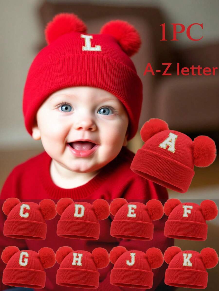 1顶新生儿婴儿26字母针织帽，弹性材质，适合秋冬季节，女婴配饰，儿童针织帽 - 紅色 - 查看 1