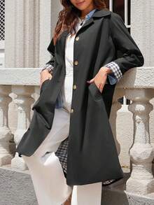 Womens Single Breasted Long Trench Coat Oversized Windproof Fashion Overcoat Outerwear - Black - View 2