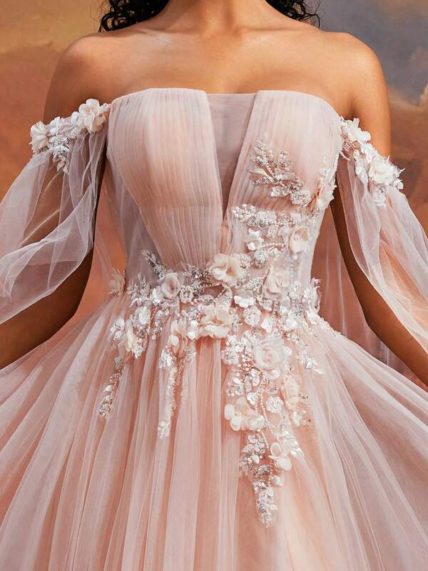 VIPGIRL Elegant Blush Pink Off-Shoulder Long Tulle Gown, 3D Floral Applique High Slit Evening Dress, Women Formal Dreamy Princess Prom Gown, Glamorous Party Dress Wedding Guest Dress