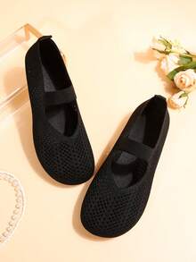 2025年秋季女士四季针织玛丽珍平底鞋，纯色一脚蹬圆头鞋，织物鞋面和衬里，橡胶鞋底，可机洗 - 黑色 - 查看 8