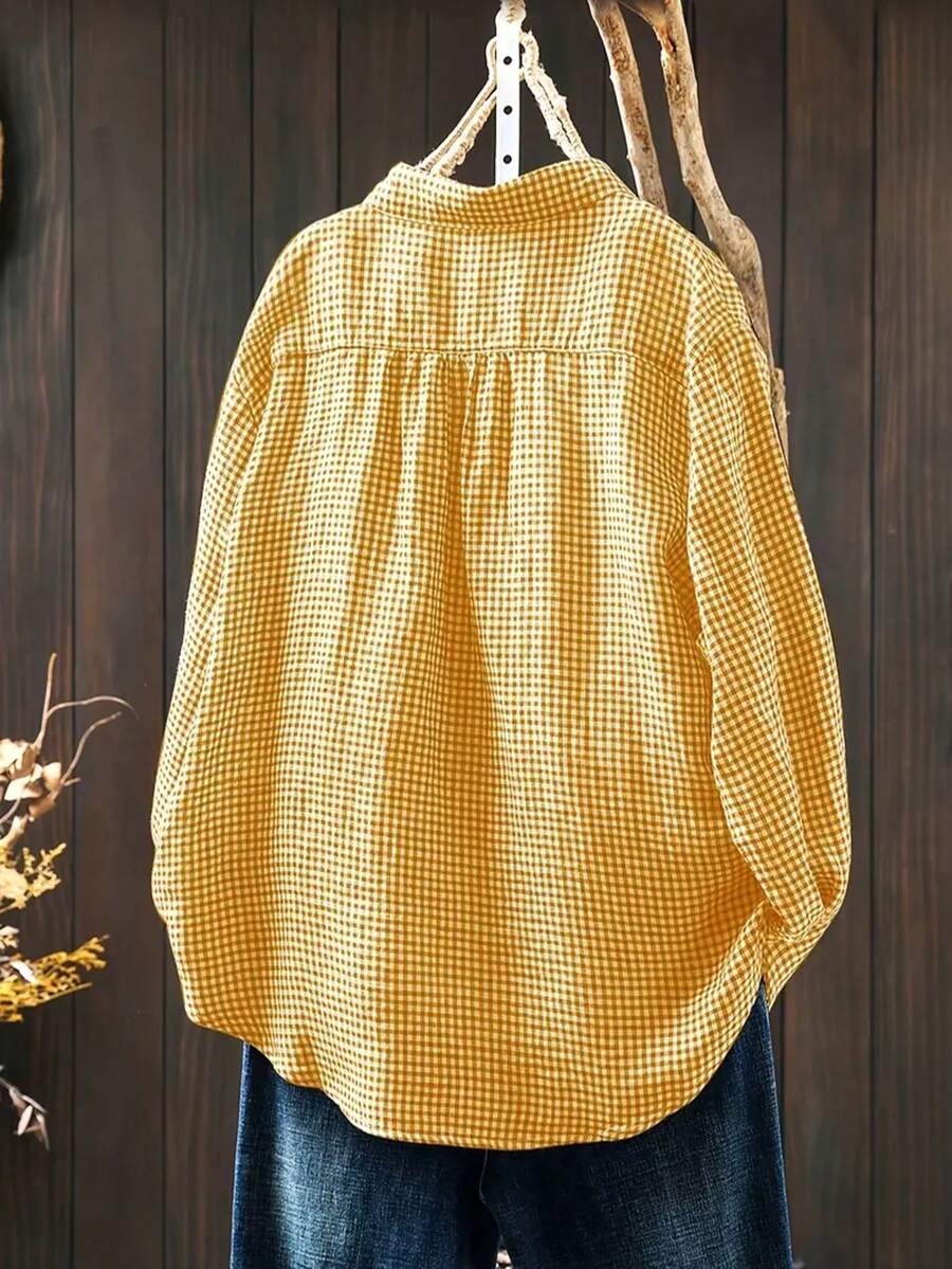 大码格子纽扣前口袋衬衫，优雅日常穿着 - 黃色 - 查看 1
