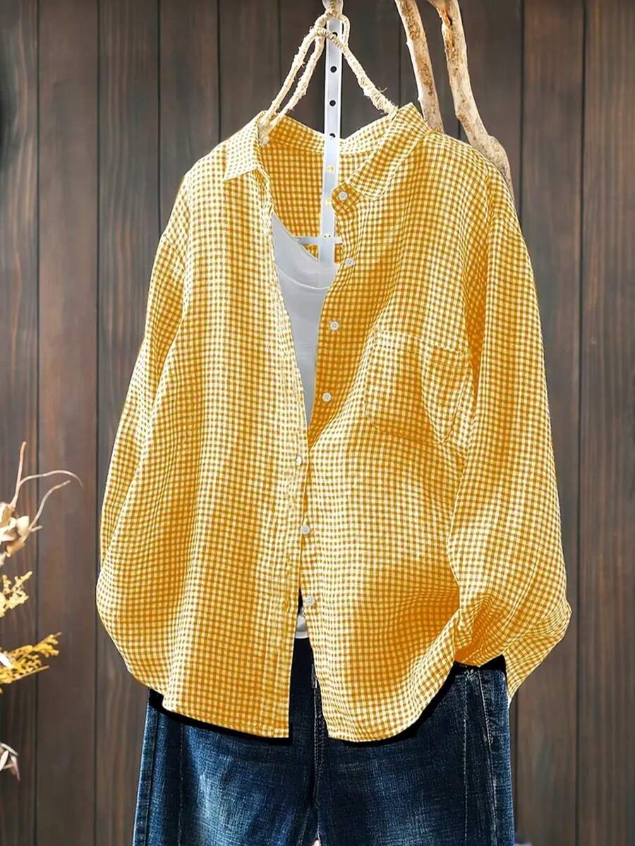 Plus Size Plaid Button-Front Pocket Shirt, Elegant For Everyday Wear - Yellow - View 1