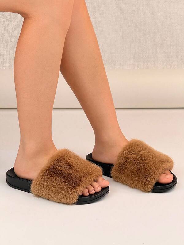 Fluffy Strap Flat Slippers, Fashionable Furry Winter Outdoor Slides For Women, Versatile