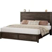 Farmhouse Wood Platform Bed Frame With 49" Fluted Headboard, Rustic Natural Grain Finish, Sturdy & Noise-Free, No Box Spring Required - Màu xám mộc mạc - Xem 8