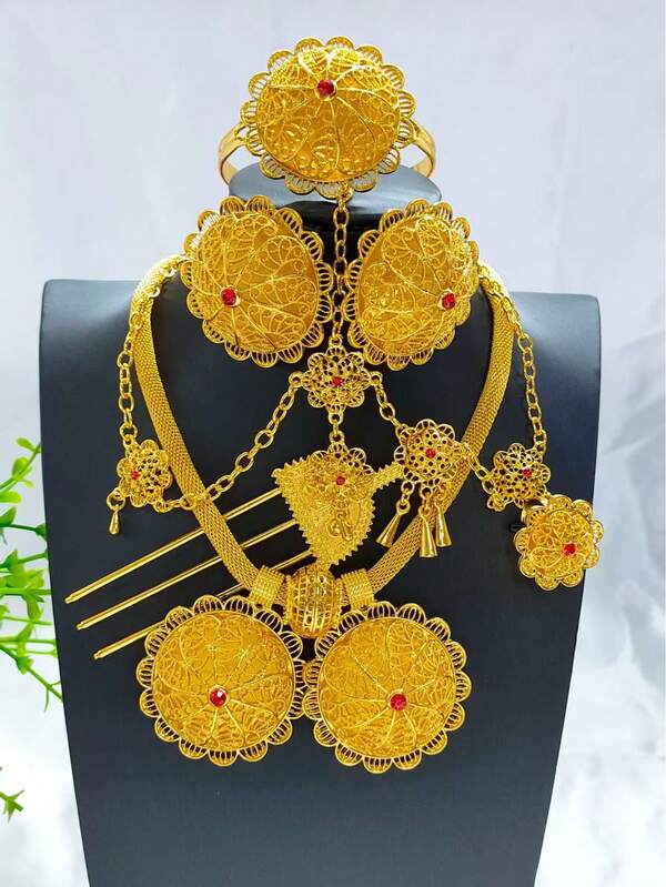 1 Necklace, 1 Pair Earrings, 1 Ring, 1 Bracelet, 1 Headchain, 1 Hair Clip, 6pcs Fashionable Floral Pendant Jewelry Set For Women, Suitable For Saudi Arabia, Europe, Middle East, Dubai, Bridal, Wedding, Party, Mother's Day, Graduation, Birthday, Holiday Gift For Mom, Girlfriend, Necklace, Earrings, Bracelet, Headpiece