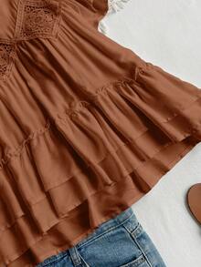 Rusttydustty Minimalist Solid Color Hollow-Out Lace Front Short Sleeve Multi-Layered Hem Women's Shirt Top Summer - Brown - View 7