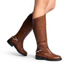 Women's Flat Round Toe Knee High Boots Low Block Heel Side Zipper Boots Fashionable Comfortable Chain Decorated Boots For Fall And Winter - màu nâu - Xem 1