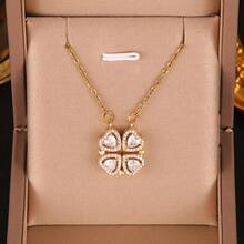 1pc Premium Stainless Steel Necklace, Four Leaf Clover & Heart Locket Design, Versatile Wear, Unique & , Suitable As Gift For Friends - Silver - View 11