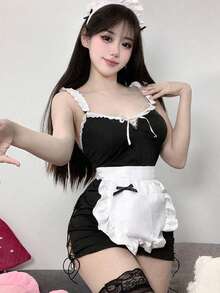 1 Set Women's Sexy Maid Costume, Hollow Out Lace-Up Bodycon Dress Outfit (With Hair Accessory) ,Halloween Costume - Black and White - View 3