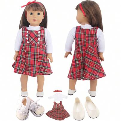 1 Set Cute Doll Outfit - Plaid Skirt + Headband + T-Shirt + Sneakers + Glitter Flats, Suitable For 18-Inch American & OG, 43cm Newborn Dolls. Double-Breasted Button Design Play Toy.