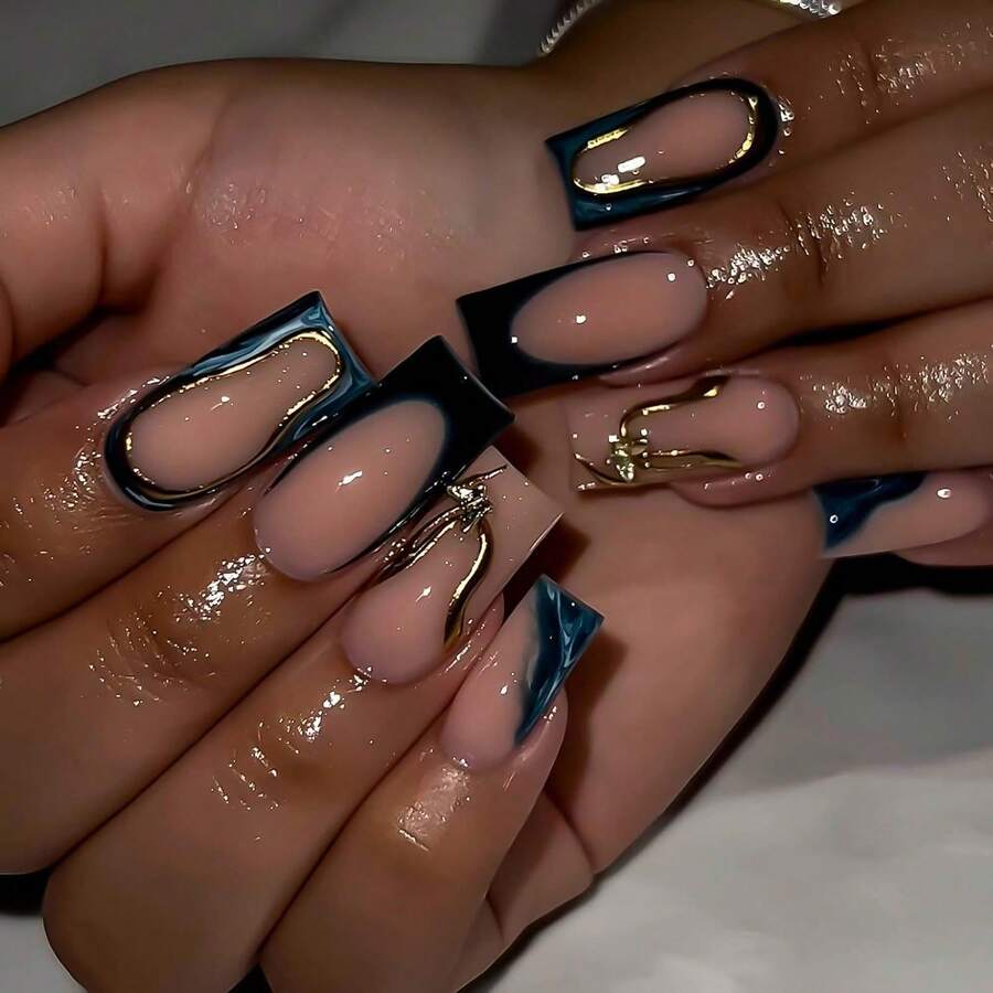 Long Square Press On Nails French Tip Fake Nails Gold Ombre False Nails With Designs Sparkly Artificial Nails Long Nail Press Ons Cute Stick On Nails For Women 24Pcs - 長款-C5C44 - 查看 1