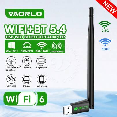 VAORLO 2-In-1 Wi-Fi 6 USB Bluetooth 5.4 Dual-Band (2.4G/5GHz) Wireless Adapter , 900Mbps WiFi 6 802.11AX High-Speed Wireless Computer Network Card Receiver For Windows 10/11 Laptops Support MU-MIMO Multi-Device Connections