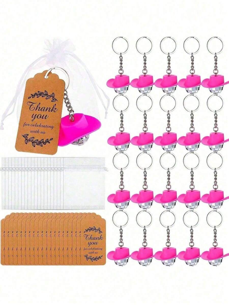 15PCS/Set Cowboy Hat Disco Ball Keychain With Thank You Tag And Organza Bag, Pink Hat Disco Ball Decoration, Suitable For Disco Party Favors And Birthday Party Favors