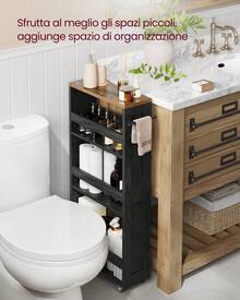 VASAGLE Carrello Stretto a 4 Ripiani, Carrellino da Cucina con Rotelle Maniglia, per Spazio Ridotto, 15 x 43,2 x 86,5 cm, Bagno, Lavanderia, Nero Ebano e Marrone Vintage - nero - Visualizzare 4