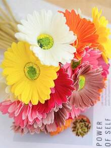 6Pcs Artificial Gerbera Wedding Bridal Bouquet Party Home Office Kitchen Table Center (White, Yellow, Orange, Pink, Rose Red)