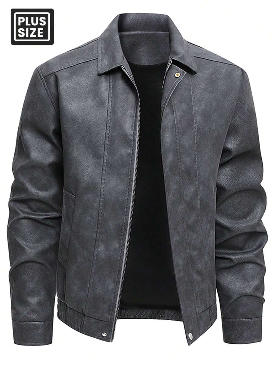 Plus Size Men's Casual Loose Turndown Collar Motorcycle PU Leather Long Sleeve Jacket, Suitable For Autumn, Zipper Front - Dark Grey - View 1