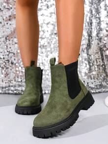 Fall/Winter 1 Pair Solid Color Preppy Style Casual Party Wedding Fine Velvet Women Ankle Boots, Suitable For Outdoor, Office, Party, Holiday, Wedding, Winter - Green - View 5