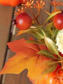 1 件，秋季南瓜装饰，带枫叶和浆果 - 逼真的人造盆栽植物，适合餐桌中心装饰、万圣节派对和感恩节