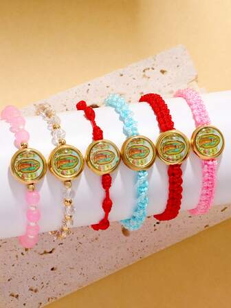 6pcs/Set Virgin Maria Handmade Braid Prayer Bracelet Set ,Adjustable Artificial Crystal Bracelet, Unique Gift Idea,Adjustable Lucky Jewelry
