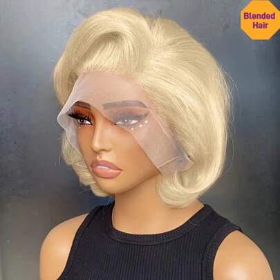 شعر مستعار نسائي كثافة 200% لون أشقر فاتح 613 مموج قصير 13*4 بشعر أمامي من الدانتيل HD مسبق التشذيب والتبييض مع عقد شفاف من الأذن إلى الأذن مقاوم للحرارة ألياف اصطناعية مخلوطة بشعر بشري مع شعر طفل للمظهر الطبيعي 613# طول 8-34 بوصة