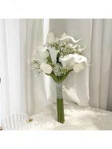 1 束白色婚礼新娘花束，人造郁金香花伴娘婚礼花束，新娘花束婚礼道具，结婚周年装饰，生日派对装饰，房间装饰礼物，毕业 - 彩色 - 查看 1