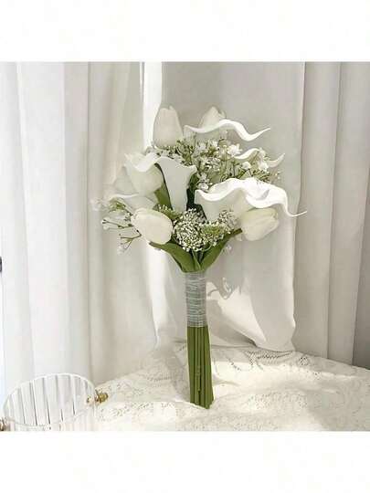 1 Bouquet White Wedding Bridal Bouquet, Artificial Tulip Flowers Bridesmaids Wedding Bouquet, Bridal Bouquet Wedding Prop, Wedding Anniversary Decor, Birthday Party Decor, Room Decor Gift, Graduation