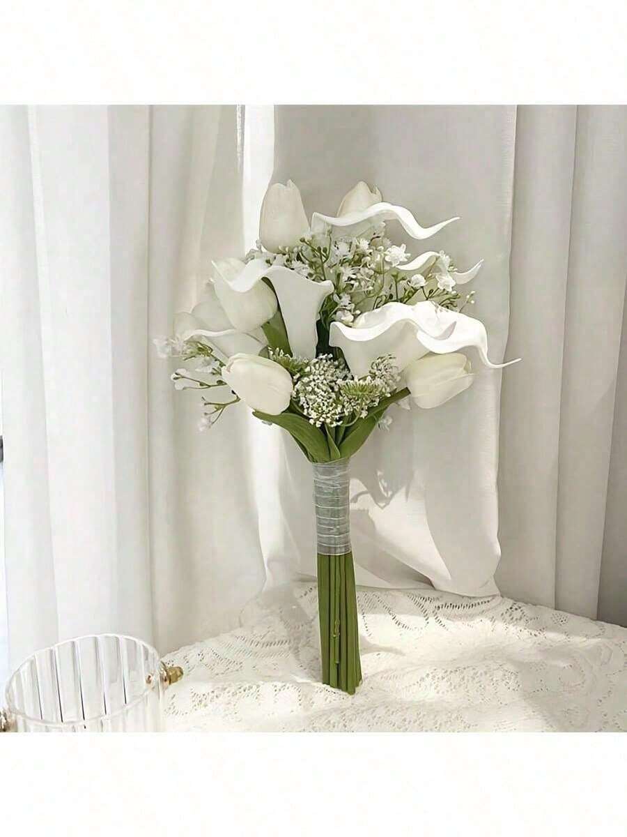 1 束白色婚礼新娘花束，人造郁金香花伴娘婚礼花束，新娘花束婚礼道具，结婚周年装饰，生日派对装饰，房间装饰礼物，毕业 - 彩色 - 查看 1