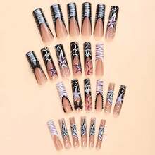 Extra Long Press On Nails Black French Tip Fake Nails Square False Nails With Bow Rhinestones Designs Extra Long Square Nail Press Ons Sparkly Glue On Nails Cute Stick On Nails For Women - Long Style-c5C28 - View 6