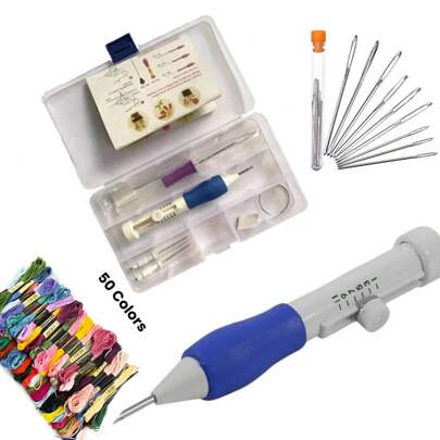 LAMYA 1 Set DIY Embroidery Punch Needle Kit With Storage Box, 50 Colors Threads, 9pcs Needles, Upgraded Embroidery Pen, Clothing Embroidery Needles, Sewing Tools (Random Color)