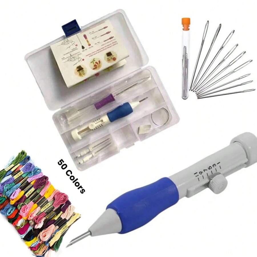 LAMYA 1 Set DIY Embroidery Punch Needle Kit With Storage Box, 50 Colors Threads, 9pcs Needles, Upgraded Embroidery Pen, Clothing Embroidery Needles, Sewing Tools (Random Color)