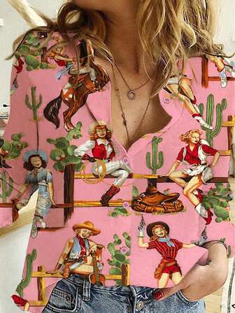 西部风格女士卡通印花长袖翻领纽扣衬衫，有白色、粉色、红色可选