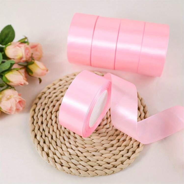 1 Roll 0.6/4cm Wide Satin Ribbon, Suitable For Hair Accessories, Cake Baking, Packaging - Pink - View 2