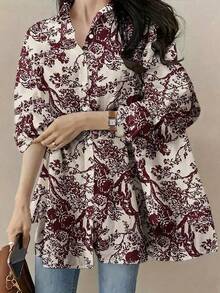 秋冬季女式加大码复古随机印花休闲宽松衬衫，优雅奢华上衣，适合度假、海滩、万圣节、圣诞节、新年、感恩节、派对、郊游等场合。 - 酒紅色 - 查看 2