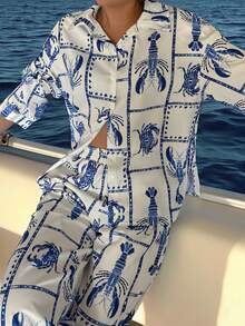 春秋新款女装小龙虾螃蟹随机印花翻领长袖超大码休闲度假优雅衬衣裤子两件套