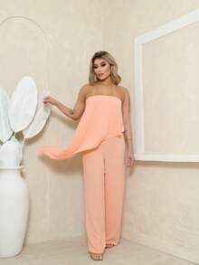Long Asymmetrical Strapless Pantaloon Jumpsuit Spring Summer - Coral Pink - View 1