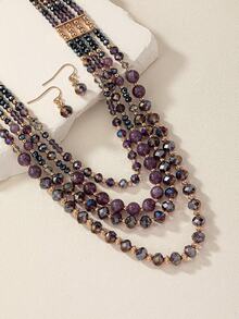 2pcs Elegant Purple Crystal Beaded Necklace And Earrings Jewelry Set, Shiny Sophisticated Jewelry Set Suitable For Women's Daily Matching - Multicolor - View 5