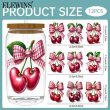 ELEWINS 12pcs Cherry Blossom Bow UV Printed Waterproof Crystal Cup Stickers DIY