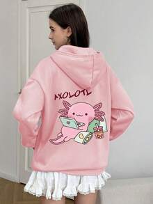 少女学生，AXOLOTL 在家冲浪美食陪伴休闲时光，印花图案，休闲风格，连帽卫衣，春秋季，购物、上学、聚会、旅行时穿着 - 粉色 - 查看 8