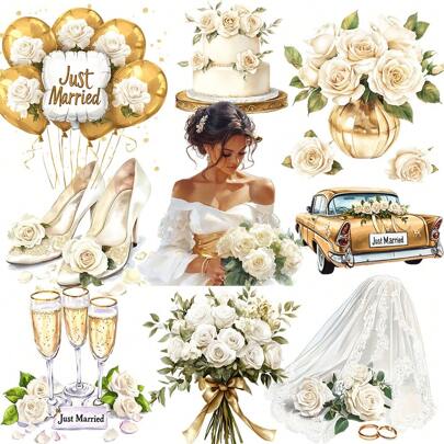 2D Flat 1 Pack Vintage Wedding Party Theme Scrapbooking Stickers, DIY Cutting Diary Journal Photo Album Craft Supplies Decorative Stationery
