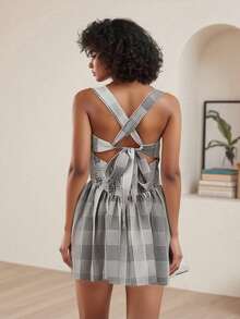 Women's Mini Dress Stylish Tie Back Contrast Color Plaid Sleeveless A Line Dress For Summer Spring - Multicolor - View 7